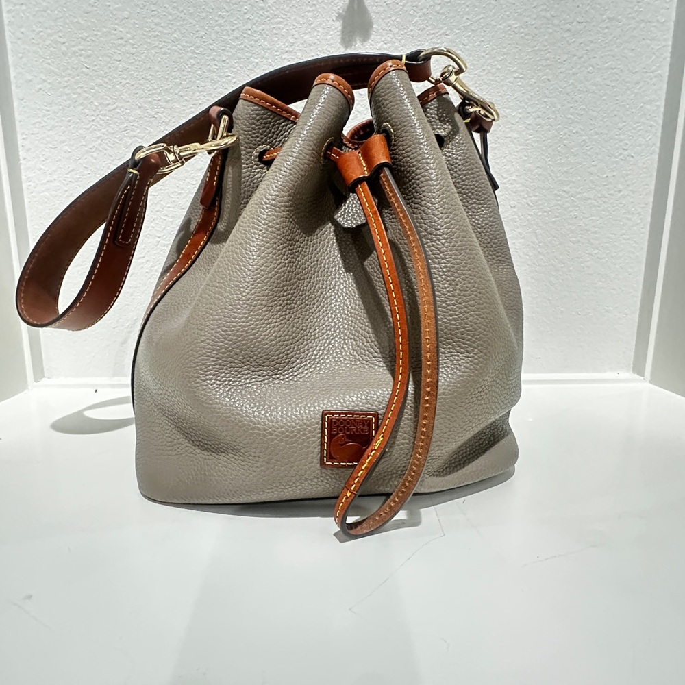 Dooney & Bourke Gray Leather Bucket Bag with Brown Accents